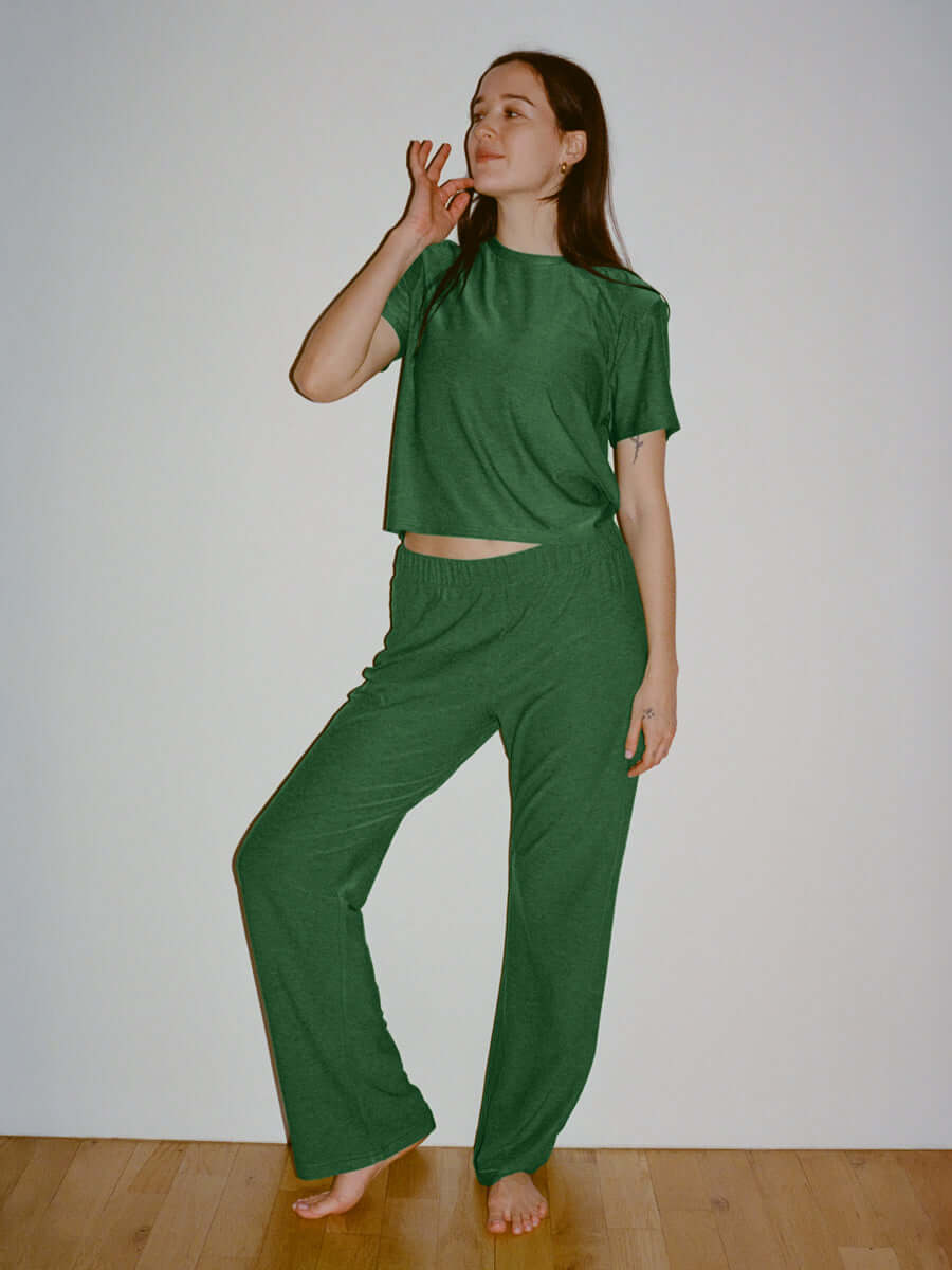 Outdoor Voices CloudKnit Wide Leg Pant in Grass
